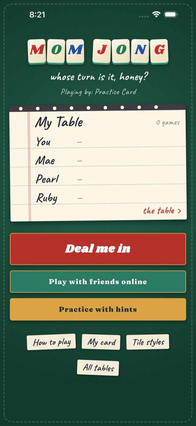 The Mom Jong home screen: a paper score pad and buttons to deal, play online, or practice