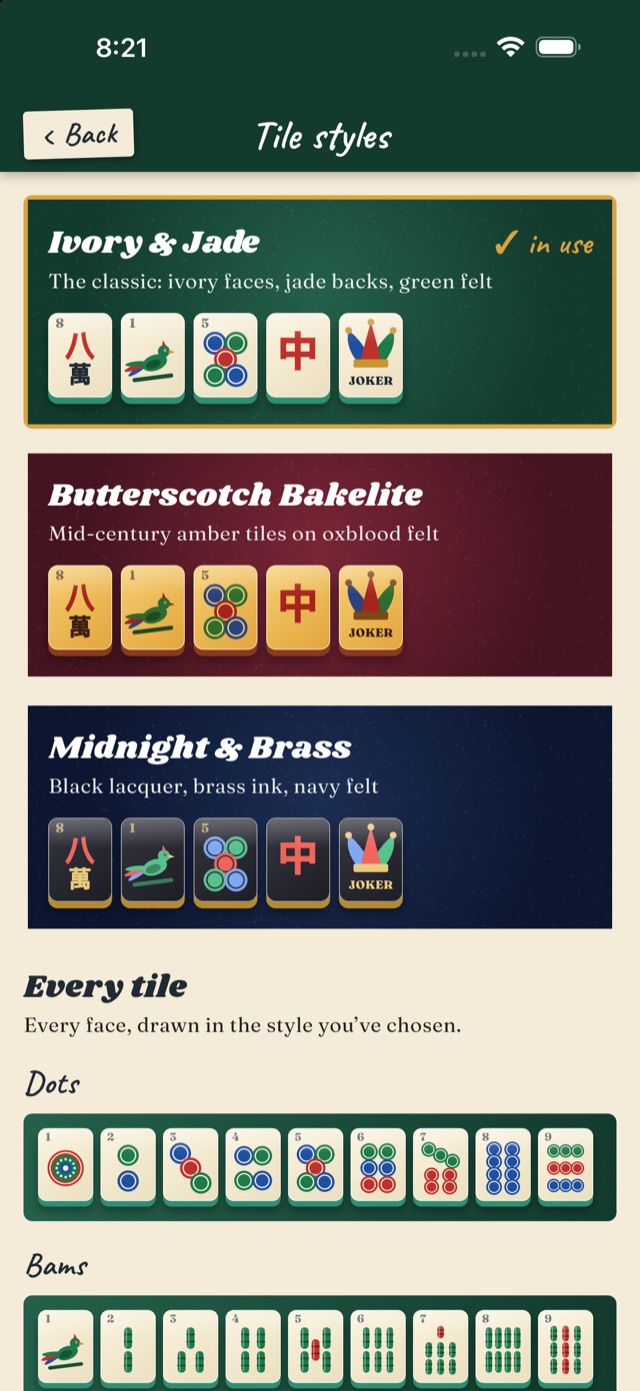 Three tile styles: Ivory and Jade, Butterscotch Bakelite, and Midnight and Brass